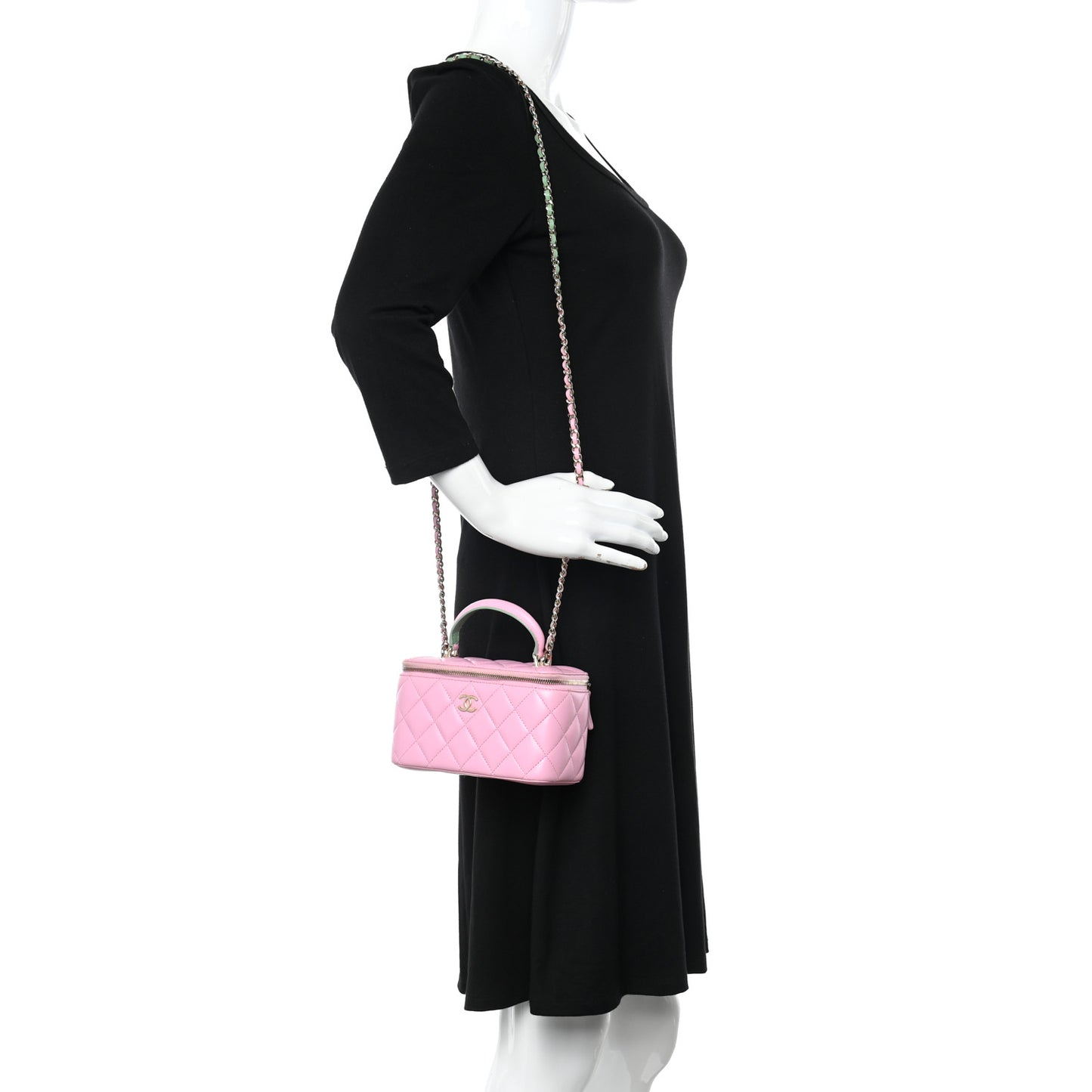 Lambskin Quilted Small Top Handle Vanity Case With Chain Lilac Light Green