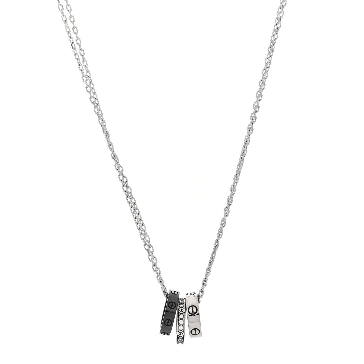 Cartier 18K White Gold Ceramic Diamond Three Ring LOVE Necklace 1 of 5
