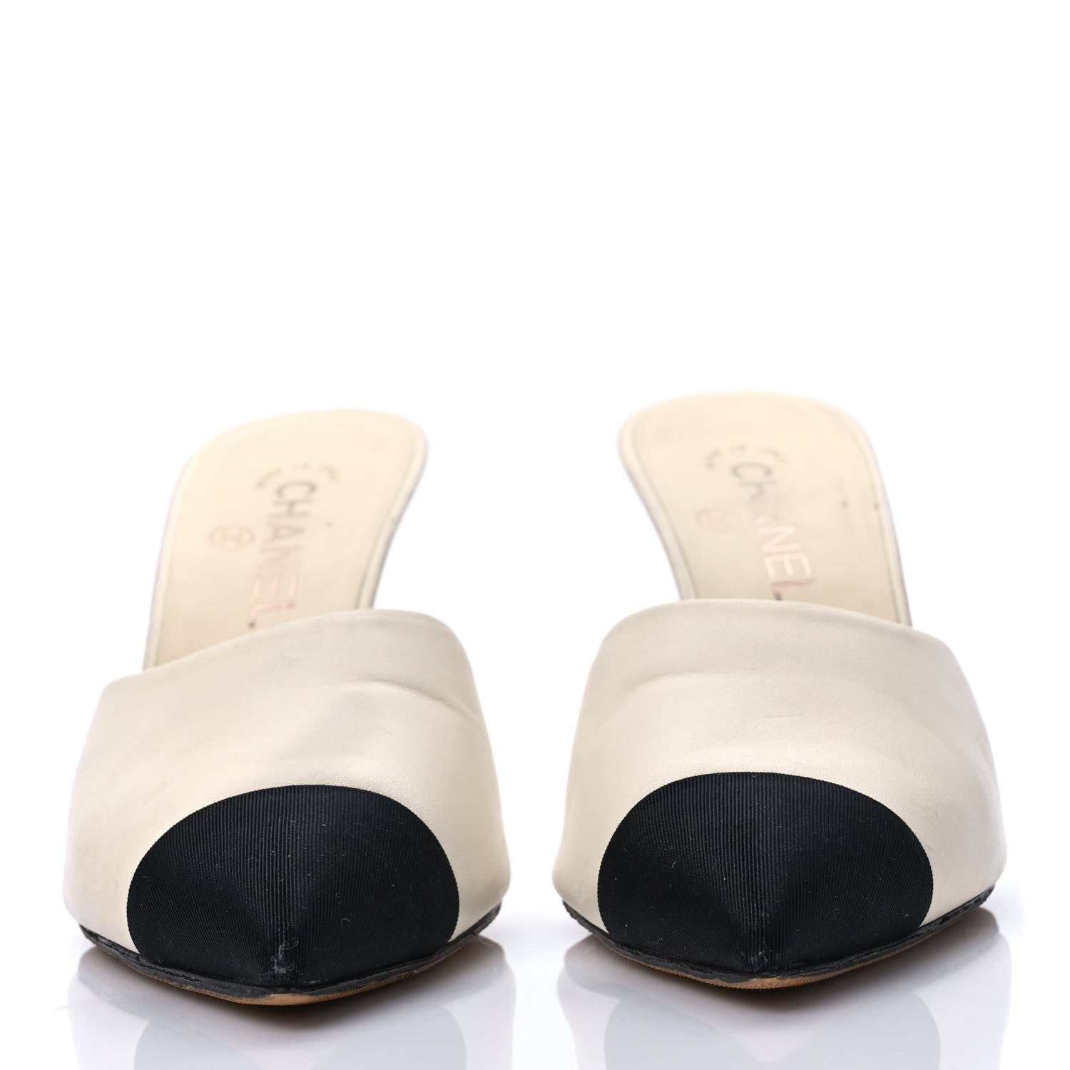 Chanel Lambskin Grosgrain Cap Toe Snake Pearl Mule 39.5 White Black 2 of 9