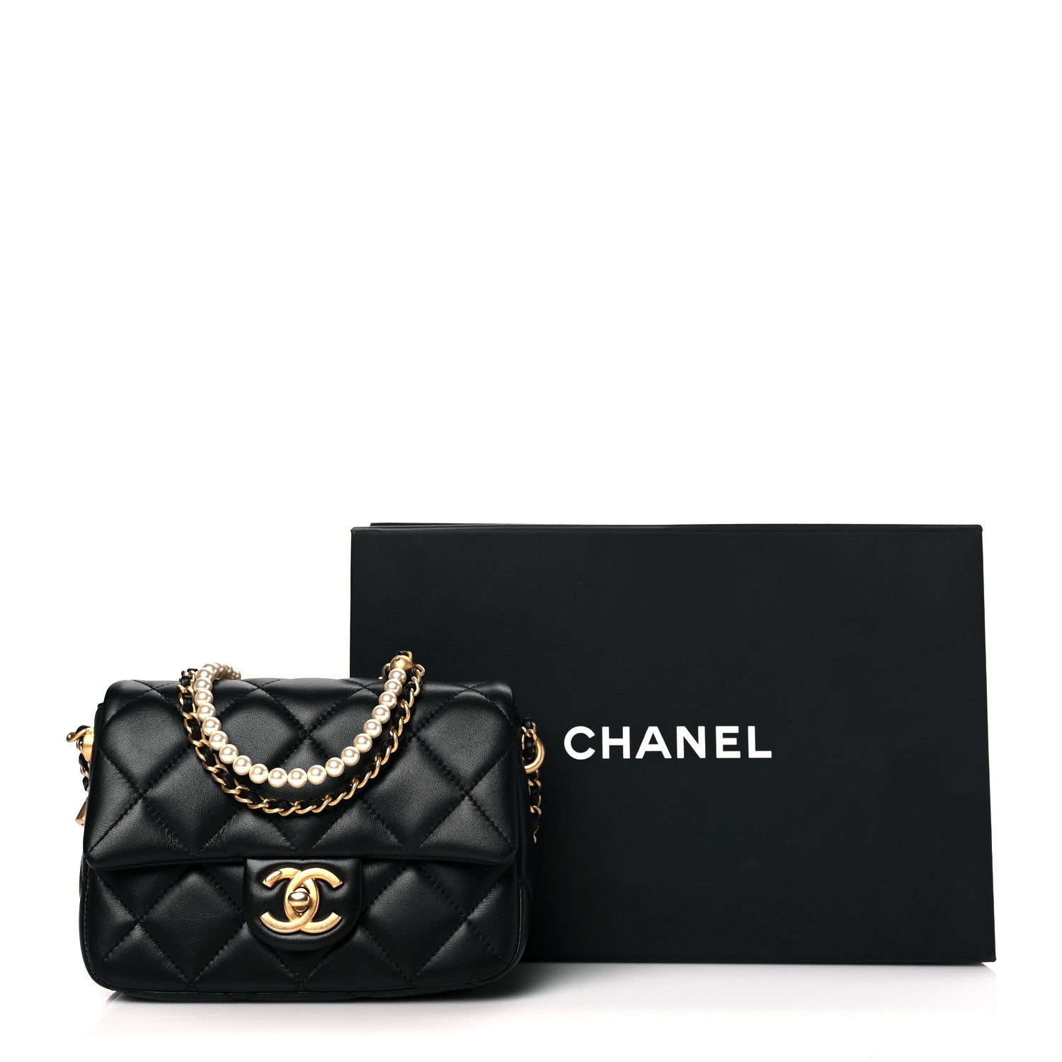 Chanel Calfskin Quilted Mini Square Pearls Chain Flap Black 10 of 10