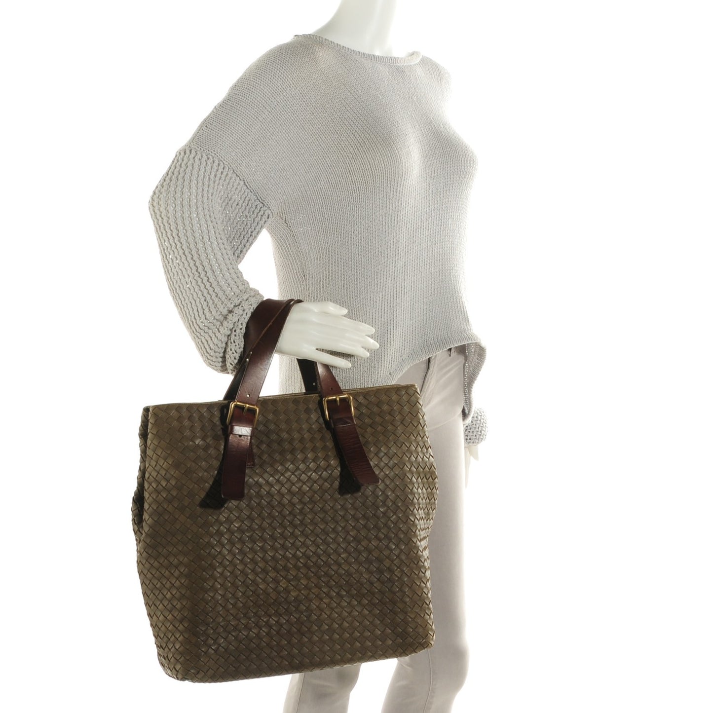 Intrecciato Light Calf Shopper Tote Khaki Brown