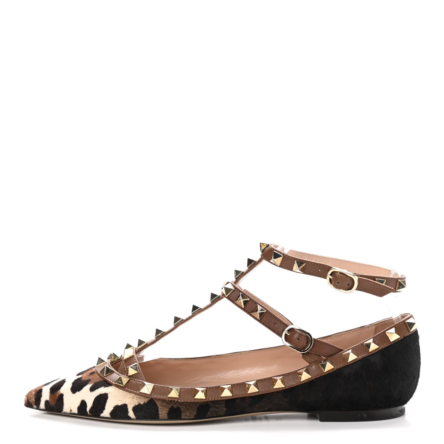 Valentino Garavani Calf Hair Leopard Print Rockstud Cage Ballerina Flats 37 Black 1 of 8