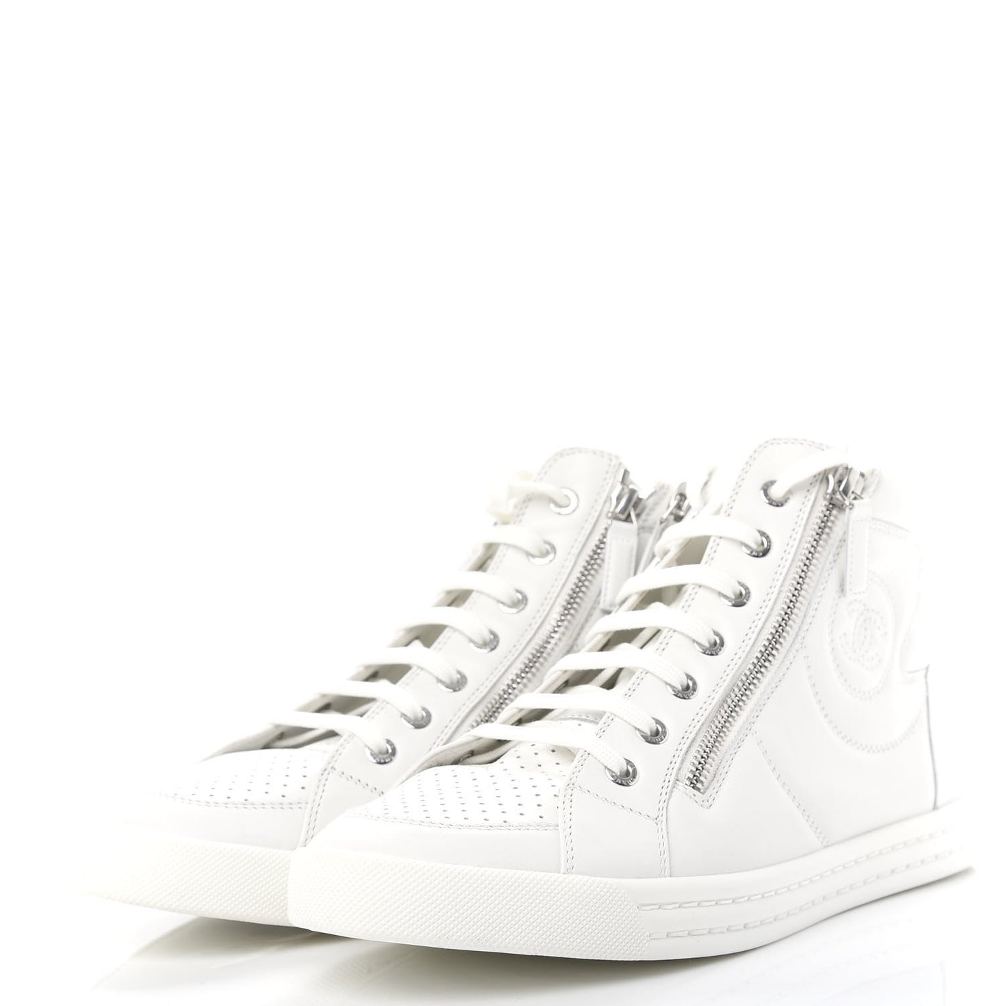 Calfskin Pearl High Top CC Sneakers 39.5 White