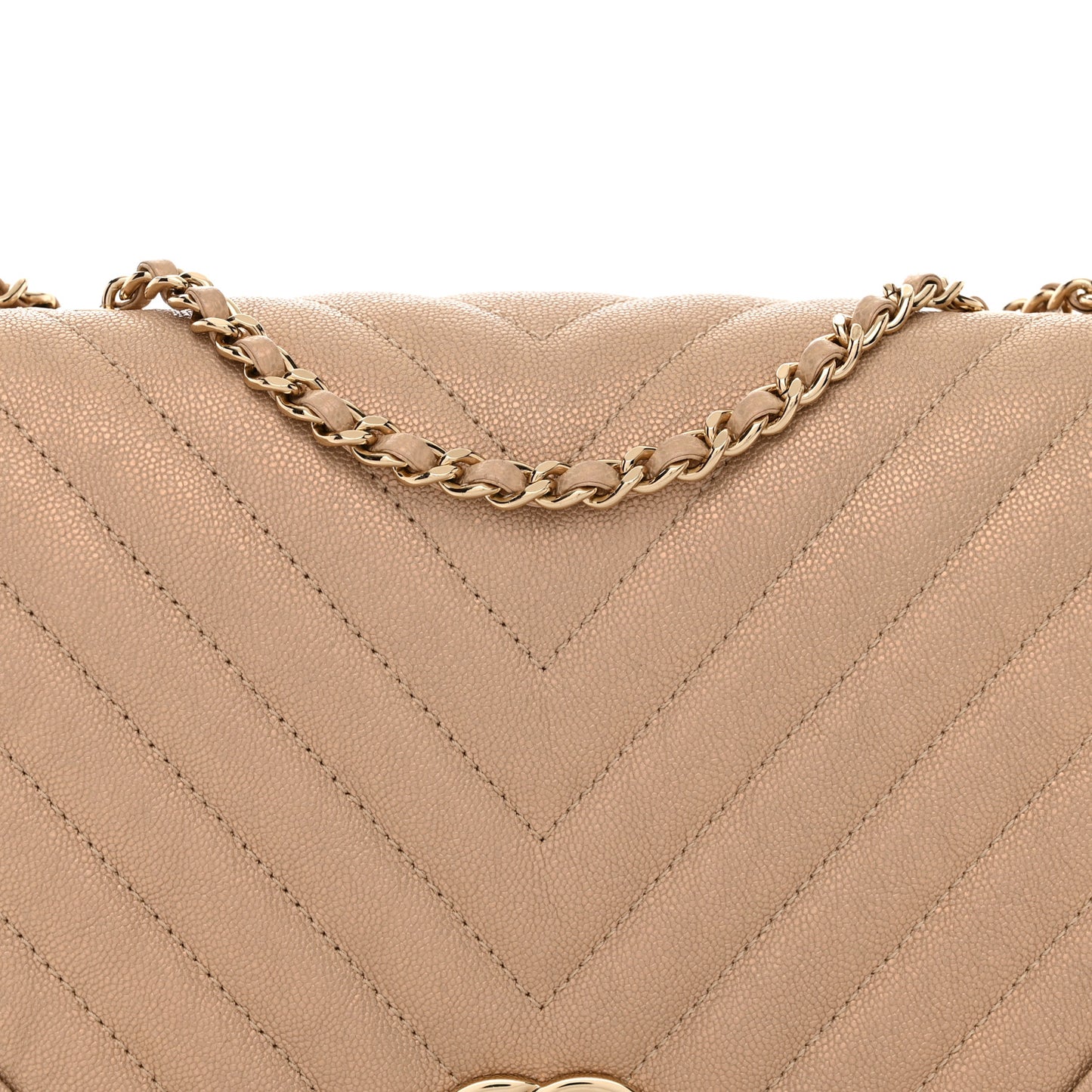 Metallic Caviar Chevron Quilted Medium Statement Flap Beige
