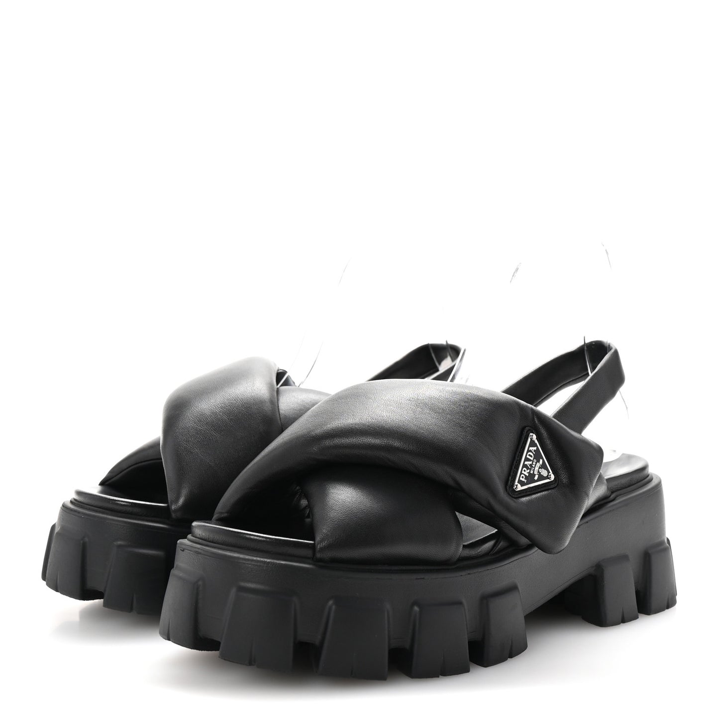 Nappa Soft Metal Triangle Logo Padded Monolith 55mm Slingback Sandals 39 Black