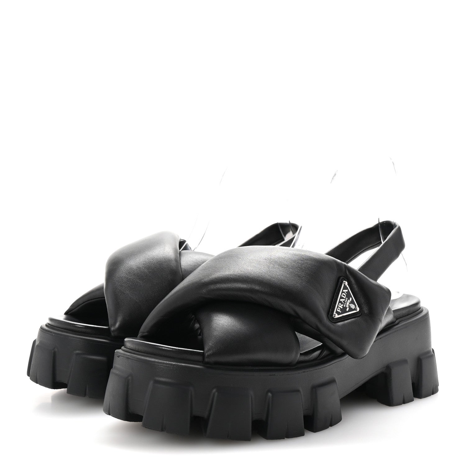 Prada Nappa Soft Metal Triangle Logo Padded Monolith 55mm Slingback Sandals 39 Black 4 of 9