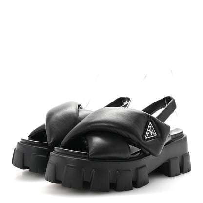 Prada Nappa Soft Metal Triangle Logo Padded Monolith 55mm Slingback Sandals 39 Black 4 of 9