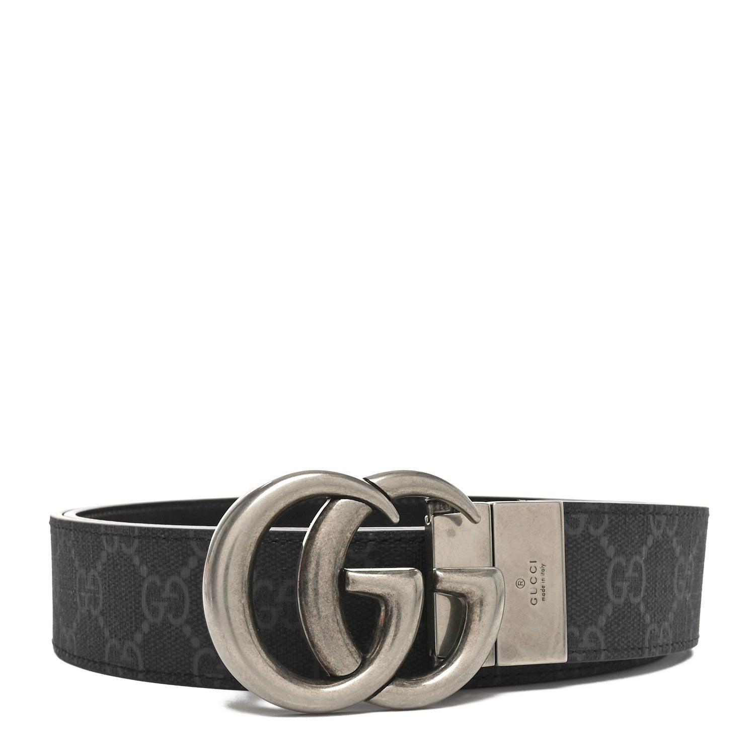 Gucci GG Supreme Monogram Plutone Calfskin Palladium Double G Reversible 37mm Belt 115 46 Black 1 of 6