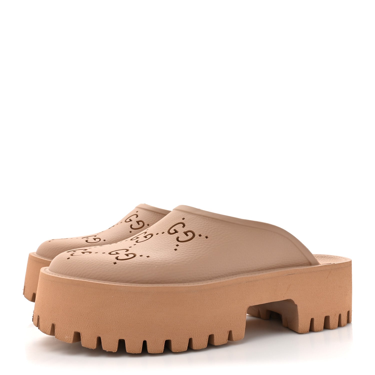 Gucci Rubber GG Monogram Perforated Elea Platform 55mm Lug Sole Sandals 41 Vintage Camel 3 of 11