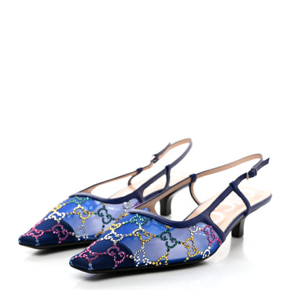 Gucci Tela Retino Nappa Charlotte Crystal GG Monogram Square G 35mm Slingback Pumps 38 Splash Net Blue Witch 3 of 8