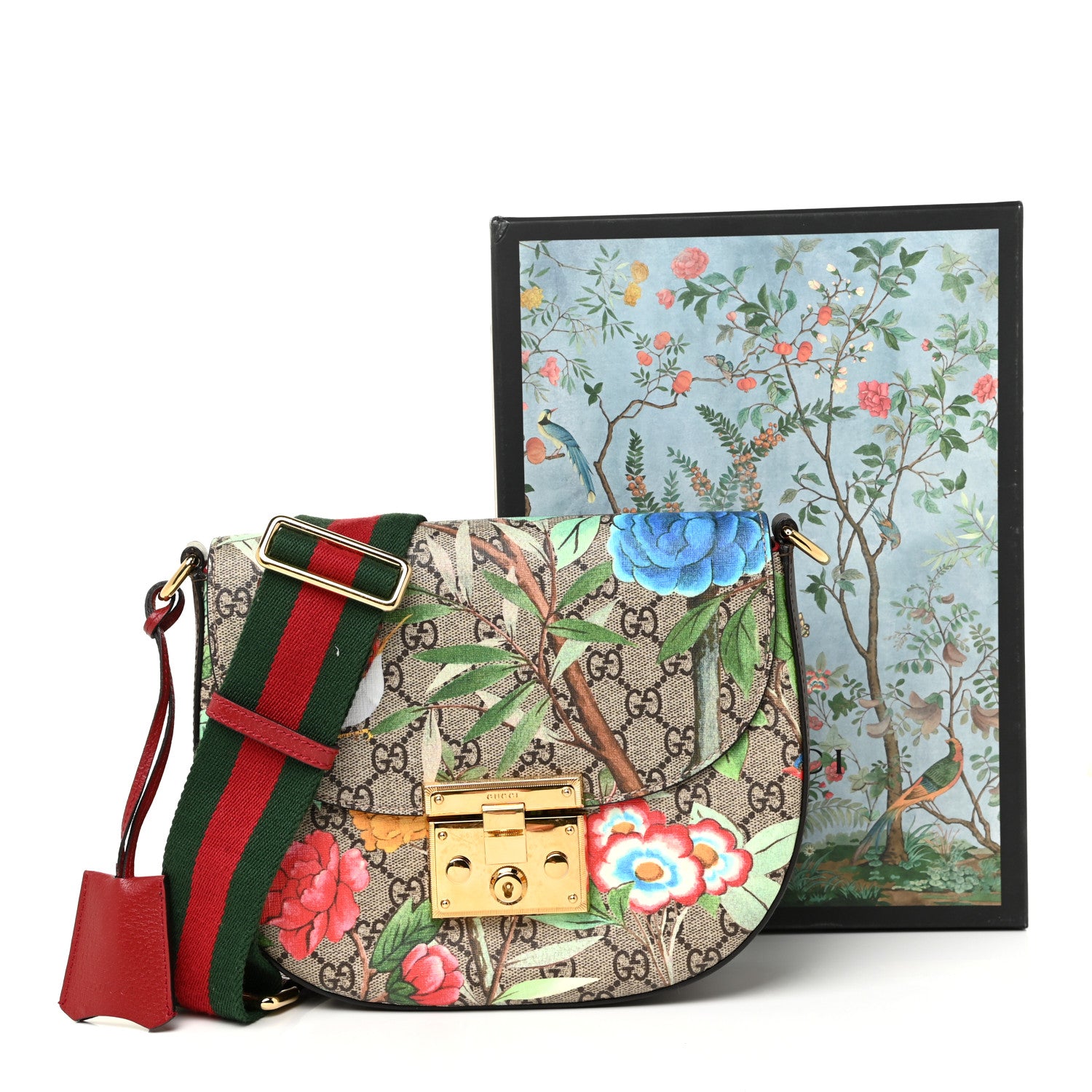 Gucci GG Supreme Monogram Tian Web Medium Padlock Messenger Shoulder Bag Beige Multicolor New Acero 16 of 16
