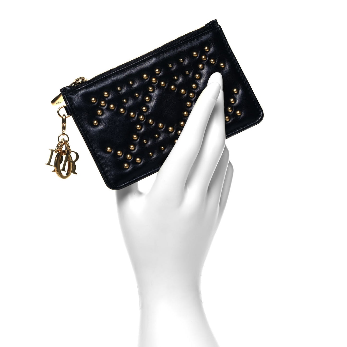 Lambskin Cannage Studded Lady Dior Zip Card Holder Black