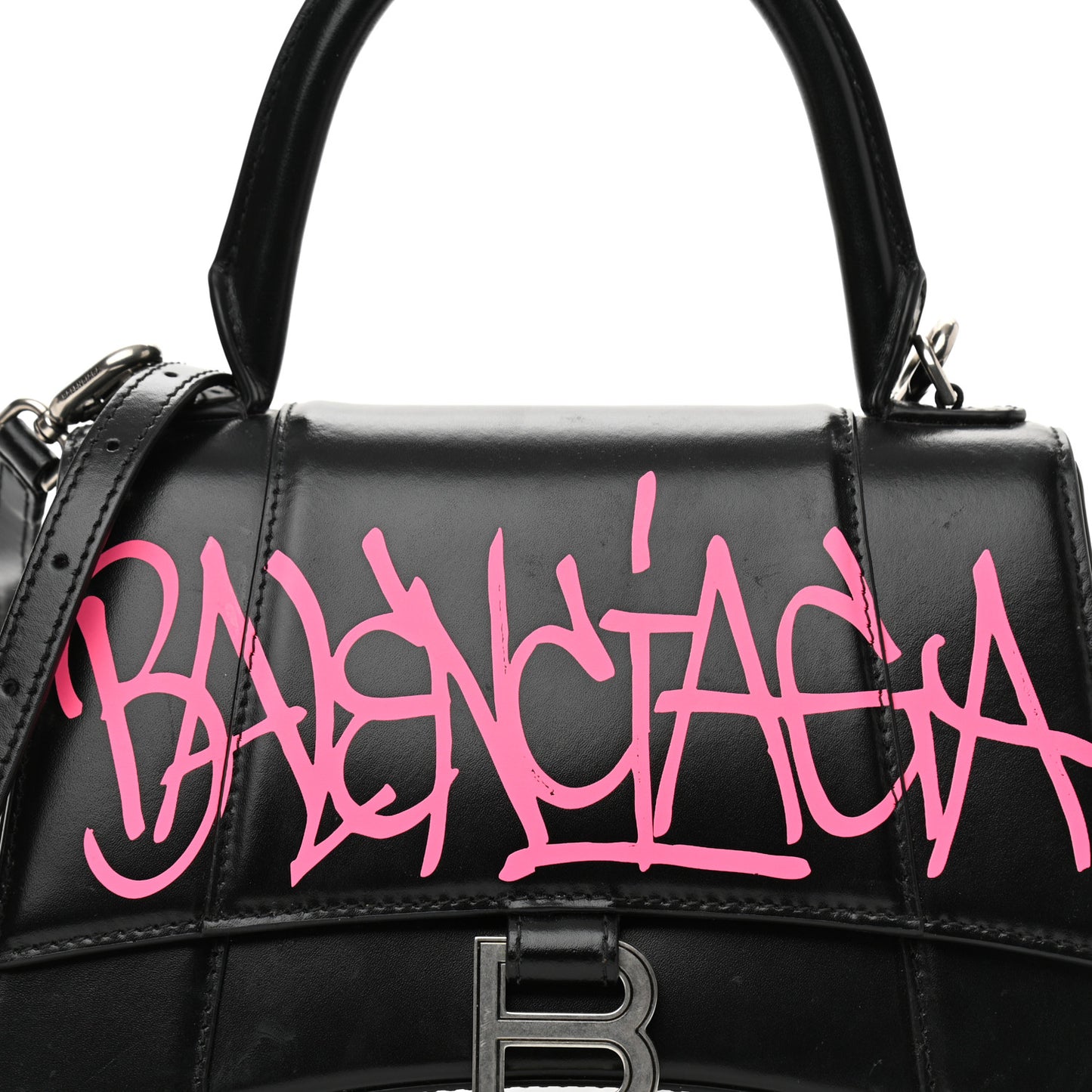 Shiny Box Calfskin Graffiti Logo Small Hourglass Top Handle Bag Black Pink