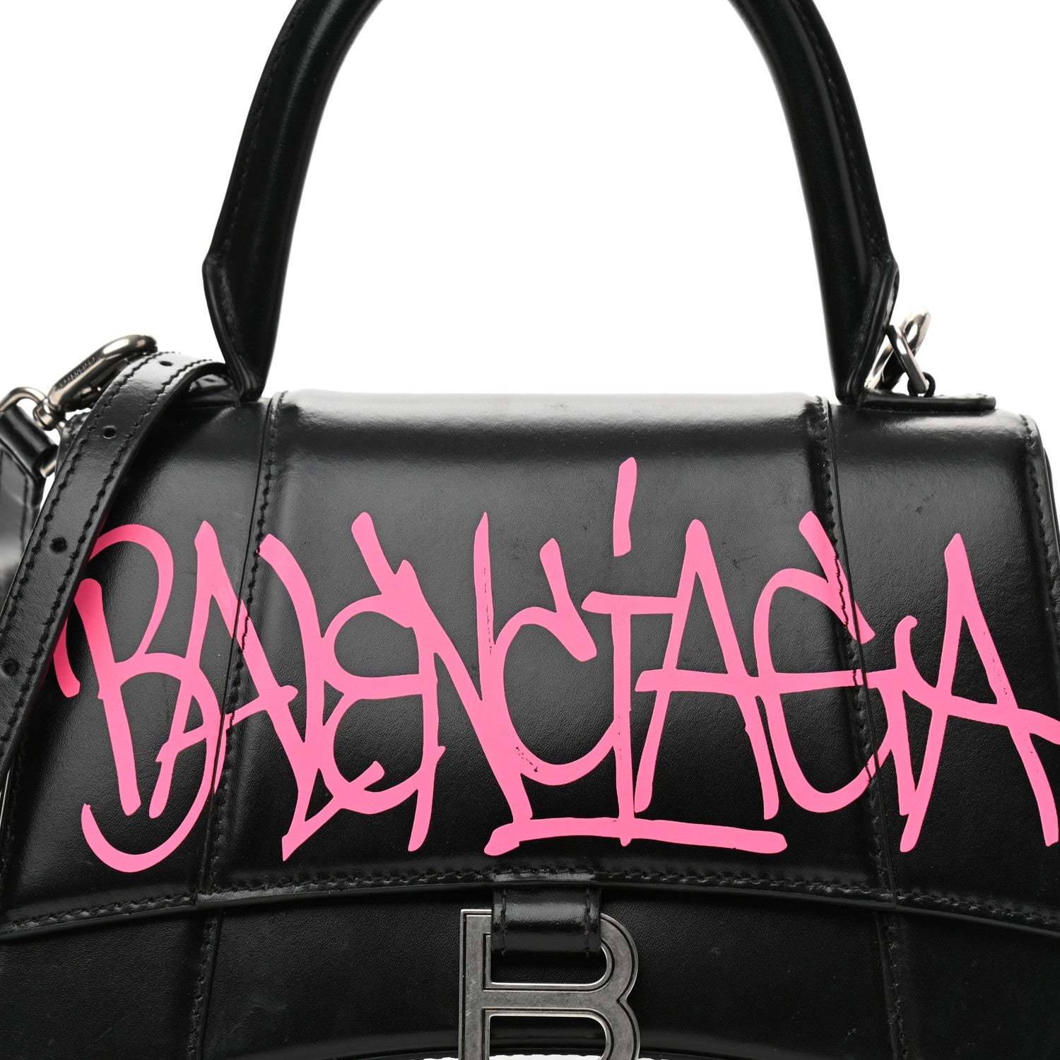 Balenciaga Shiny Box Calfskin Graffiti Logo Small Hourglass Top Handle Bag Black Pink 8 of 11