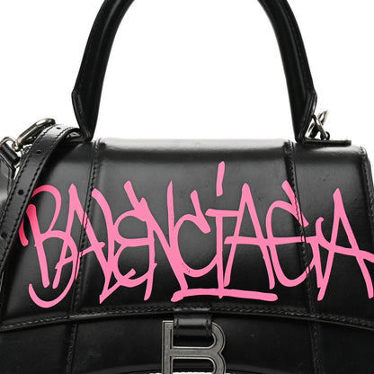 Balenciaga Shiny Box Calfskin Graffiti Logo Small Hourglass Top Handle Bag Black Pink 8 of 11