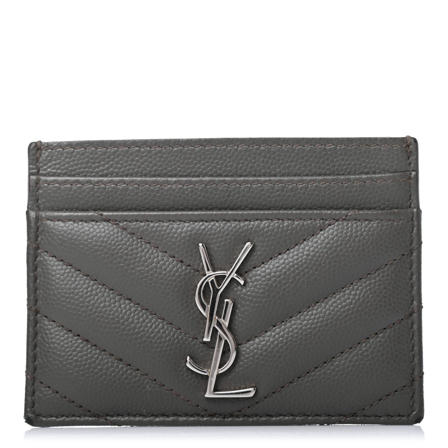 Saint Laurent Grain De Poudre Matelasse Chevron Monogram Credit Card Case Coal 1 of 4