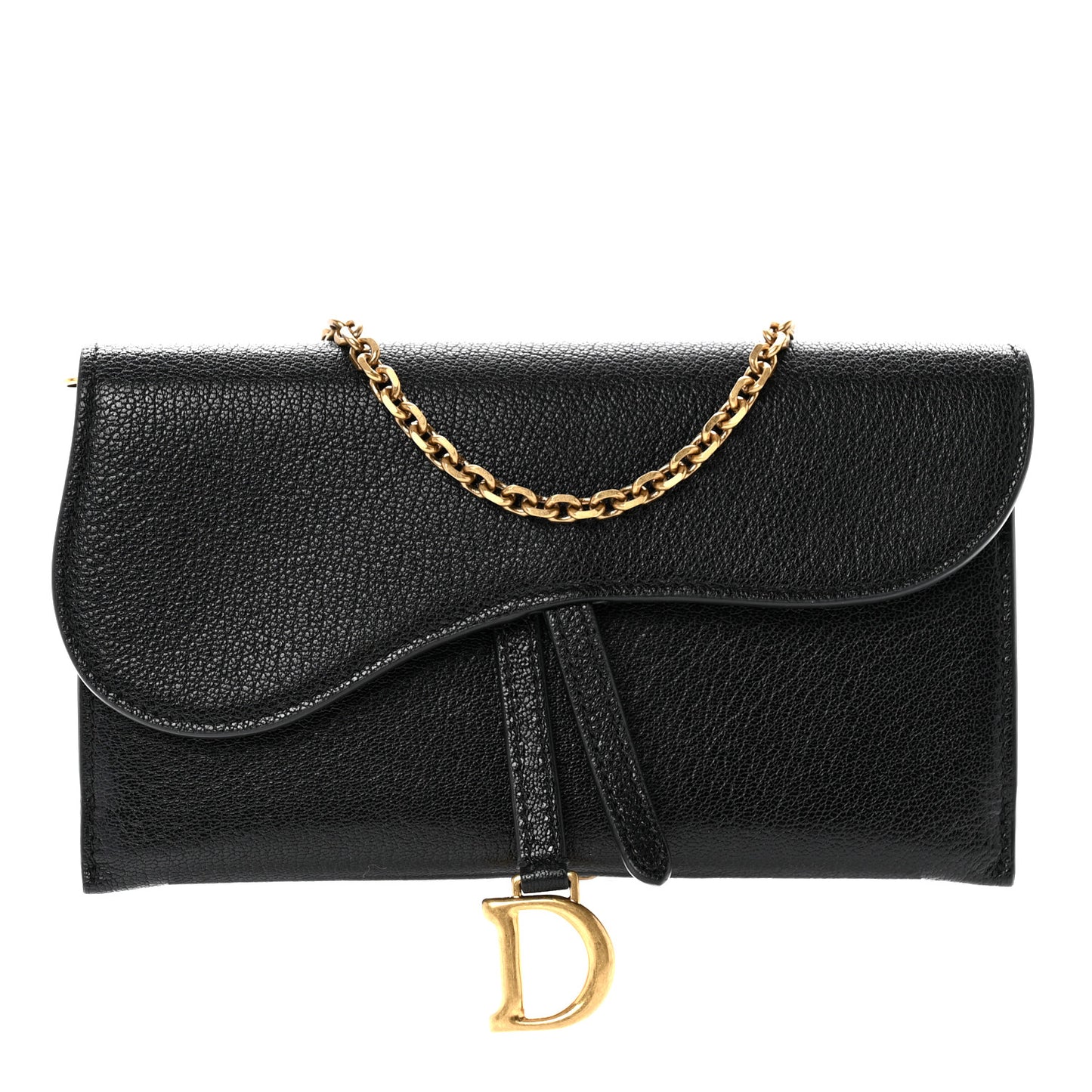 Grained Calfskin Saddle Chain Wallet Pouch Black
