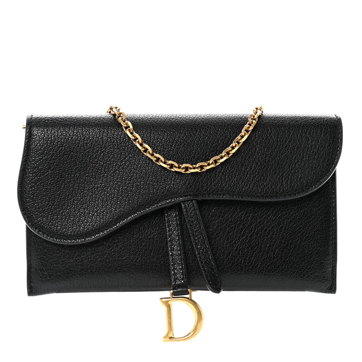 Christian Dior Grained Calfskin Saddle Chain Wallet Pouch Black 1 of 7