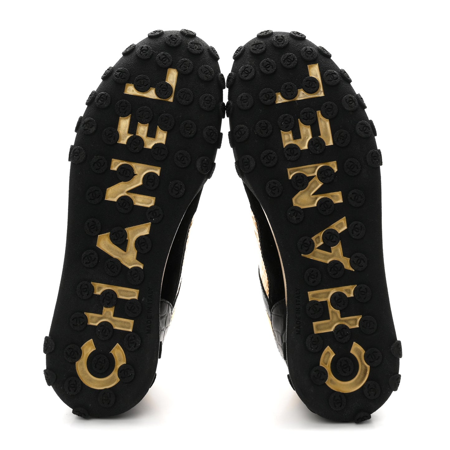 Metallic Fabric Calfskin Suede Crocodile Embossed CC Sneakers 38.5 Black Gold