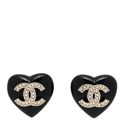 Chanel Resin Crystal CC Heart Earrings Black Gold 1 of 5