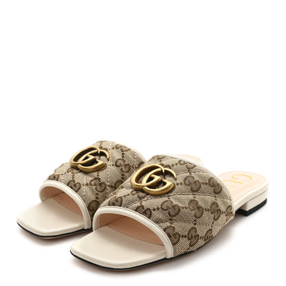 Gucci Monogram Matelasse Diagonal GG Marmont Flat Slide Sandals  35 Beige Ebony Mystic White 4 of 10