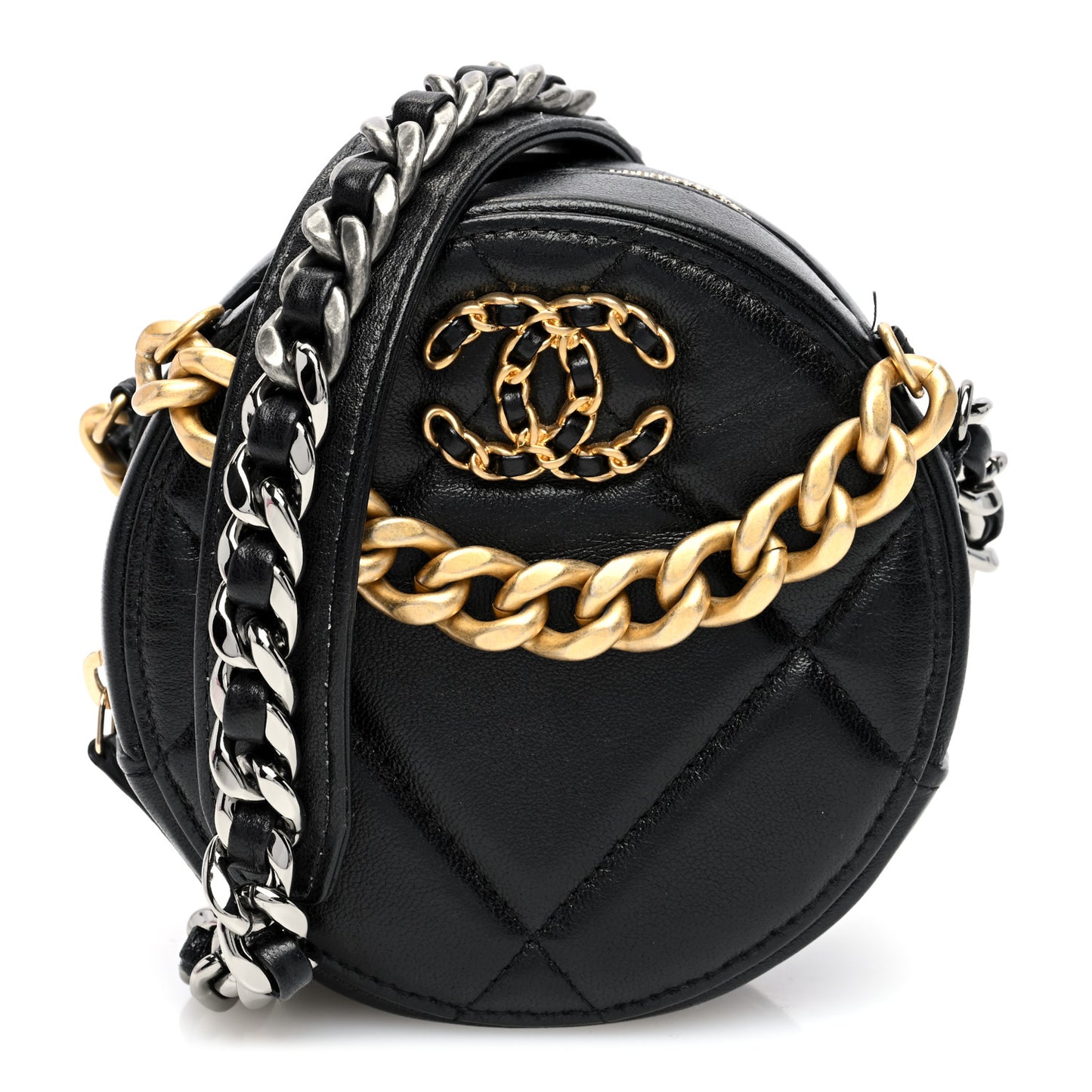Lambskin Quilted Chanel 19 Round Clutch With Chain Black