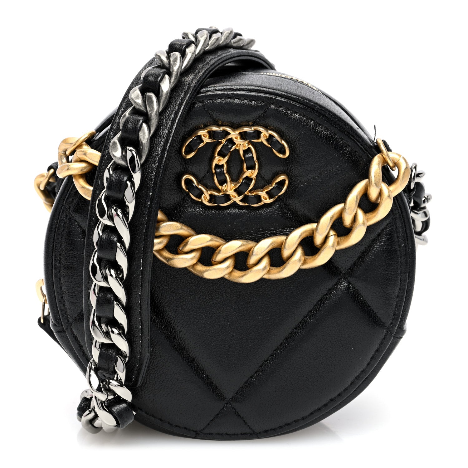 Chanel Lambskin Quilted Chanel 19 Round Clutch With Chain Black 1 of 10
