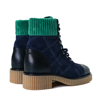 Chanel Suede Calfskin Velvet Quilted CC Combat Boots 38 Navy Green Black 4 of 8