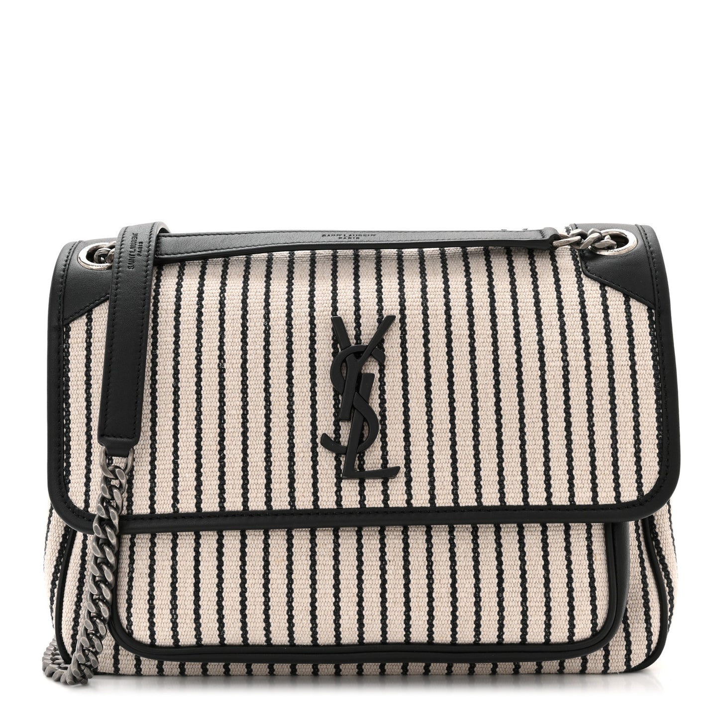 Cotton Canvas Striped Vintage Calfskin Monogram Medium Niki Chain Satchel Beige Black