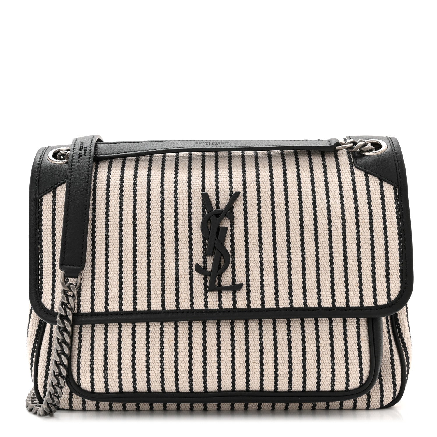 Saint Laurent Cotton Canvas Striped Vintage Calfskin Monogram Medium Niki Chain Satchel Beige Black 1 of 10