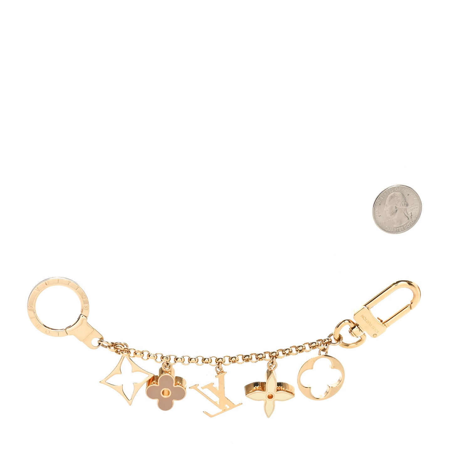 Brass Enamel Fleur De Monogram Bag Charm Chain Gold