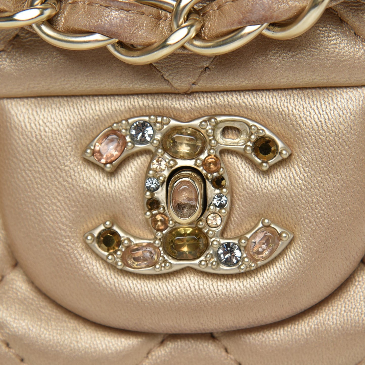 Metallic Lambskin Quilted Medium Precious Jewel Single Flap Gold