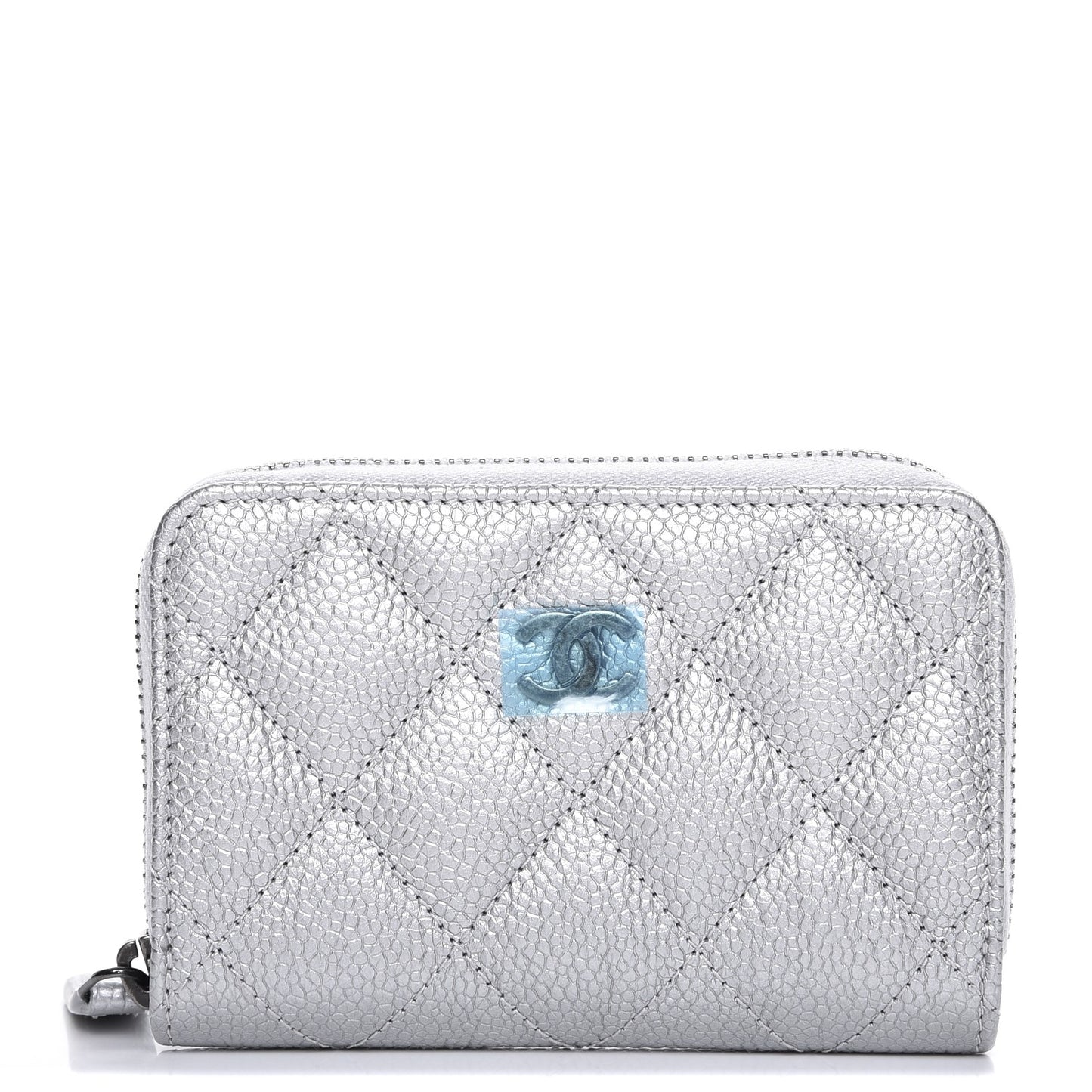 Metallic Caviar Quilted Zip Coin Purse Silver