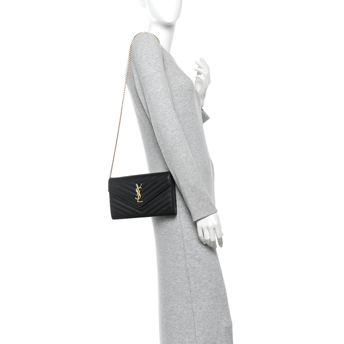 Saint Laurent Grain De Poudre Matelasse Chevron Monogram Chain Wallet Black 2 of 13