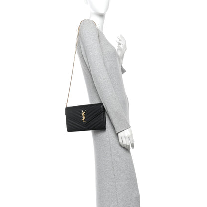 Saint Laurent Grain De Poudre Matelasse Chevron Monogram Chain Wallet Black 2 of 13
