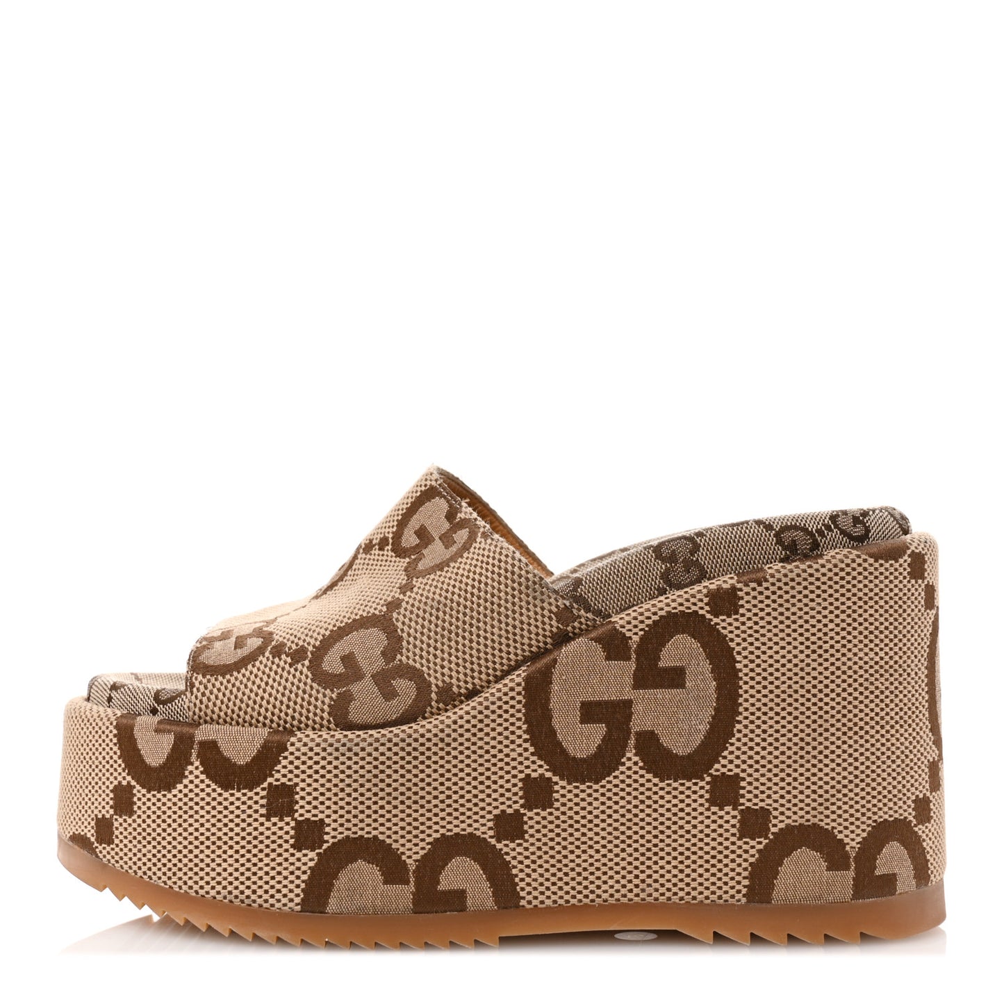Monogram Jumbo GG Platform Slide Wedge Sandals 37 Camel Ebony