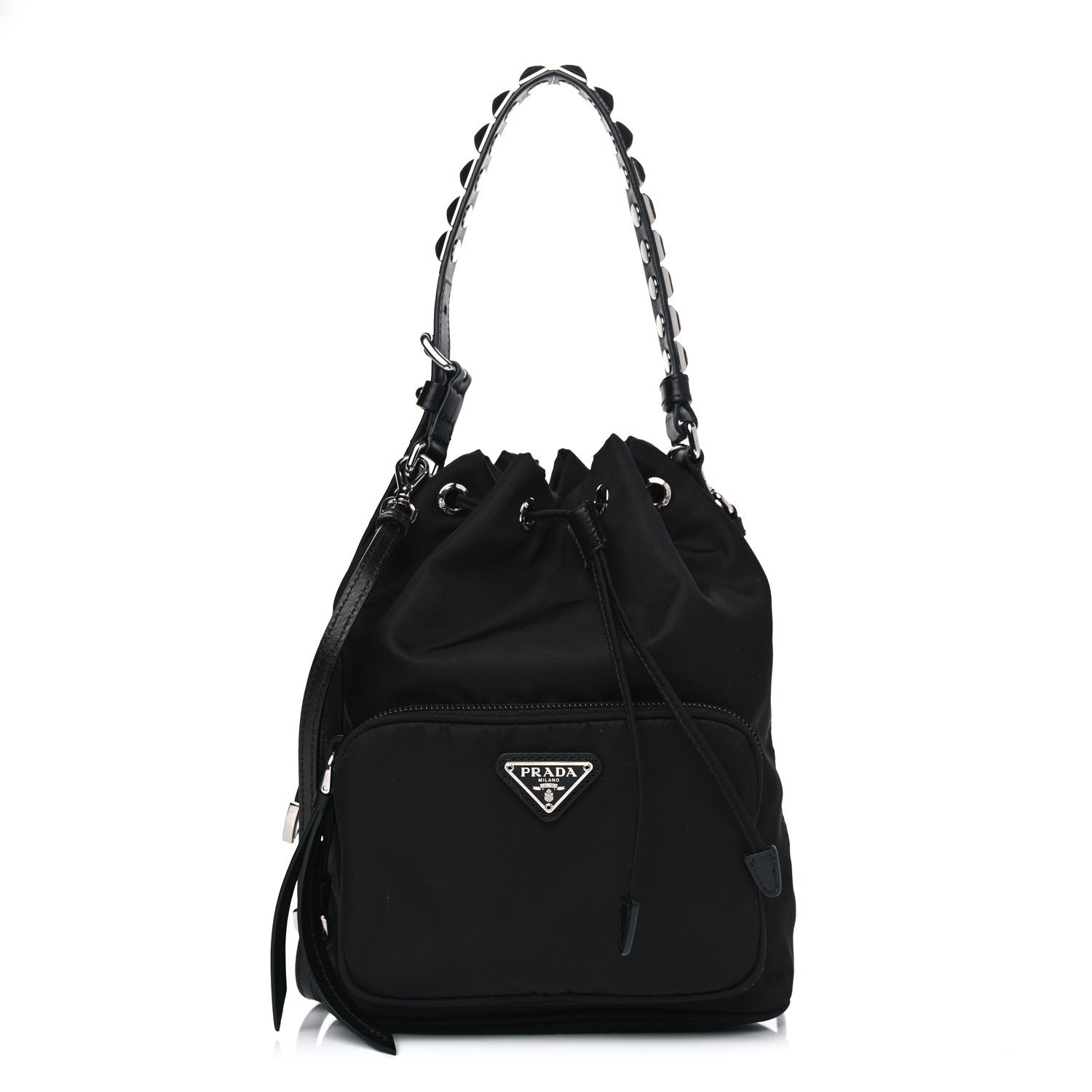 Prada Tessuto Nylon Studded New Vela Mini Bucket Crossbody Bag Black Fuoco 1 of 4