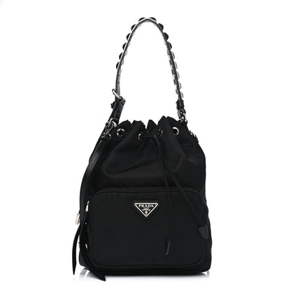 Prada Tessuto Nylon Studded New Vela Mini Bucket Crossbody Bag Black Fuoco 1 of 4