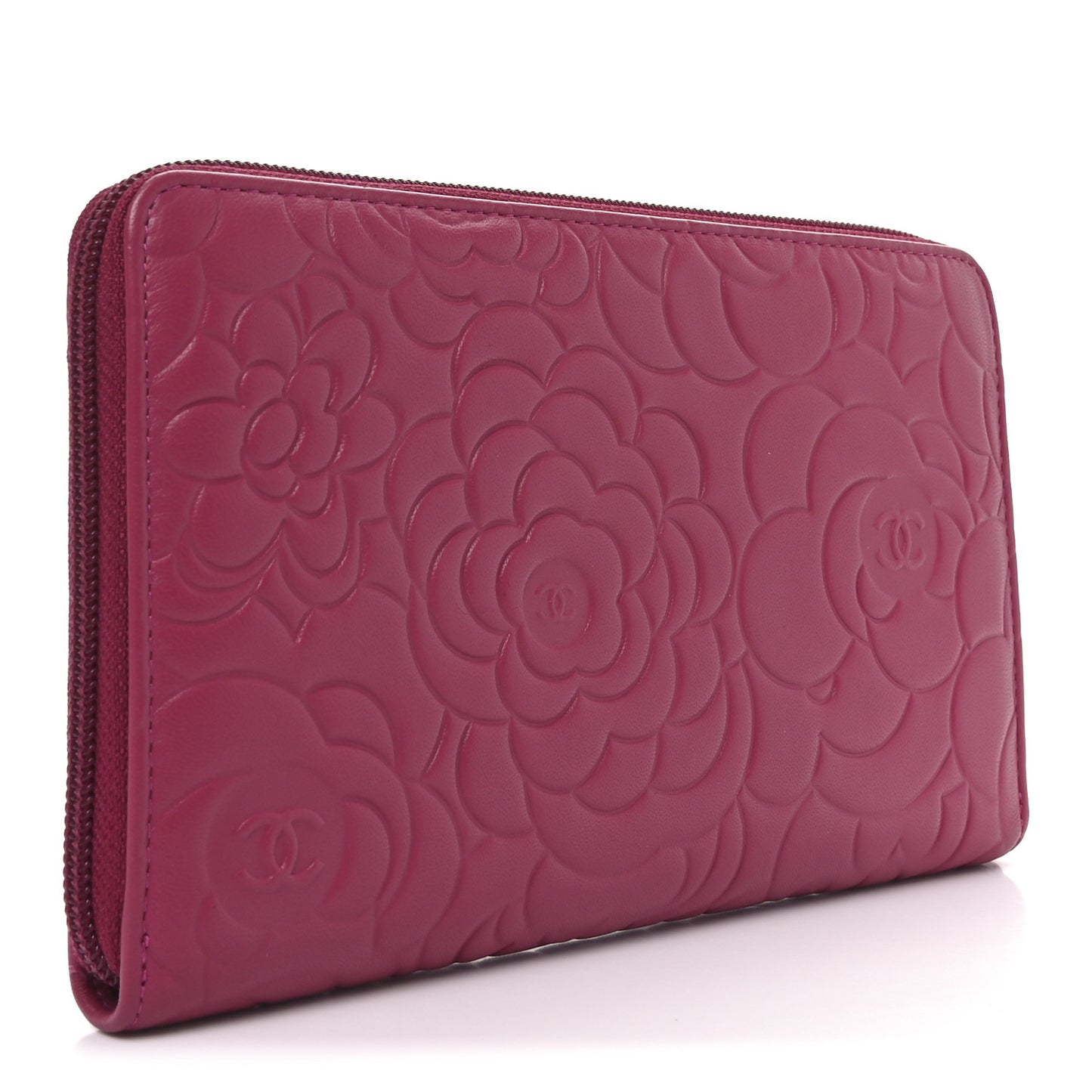 Lambskin Camellia Embossed Zip Around Organizer Wallet Fuchsia