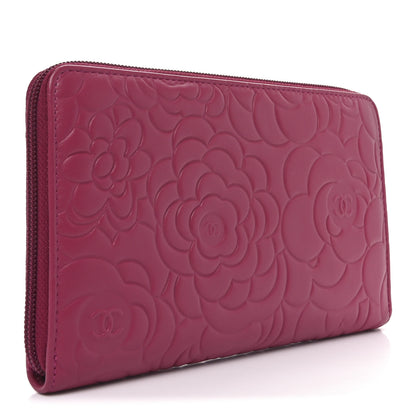 Chanel Lambskin Camellia Embossed Zip Around Organizer Wallet Fuchsia 3 of 9