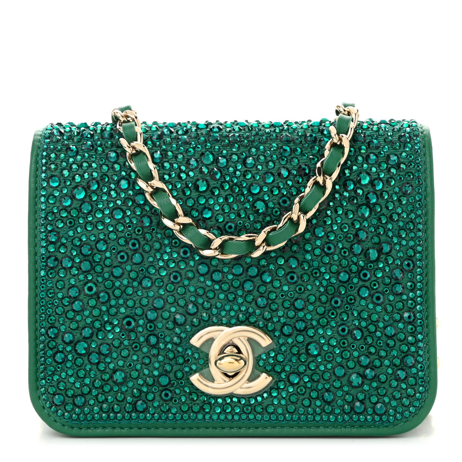 Chanel Lambskin Crystal Diamante Clutch With Chain Green 1 of 11