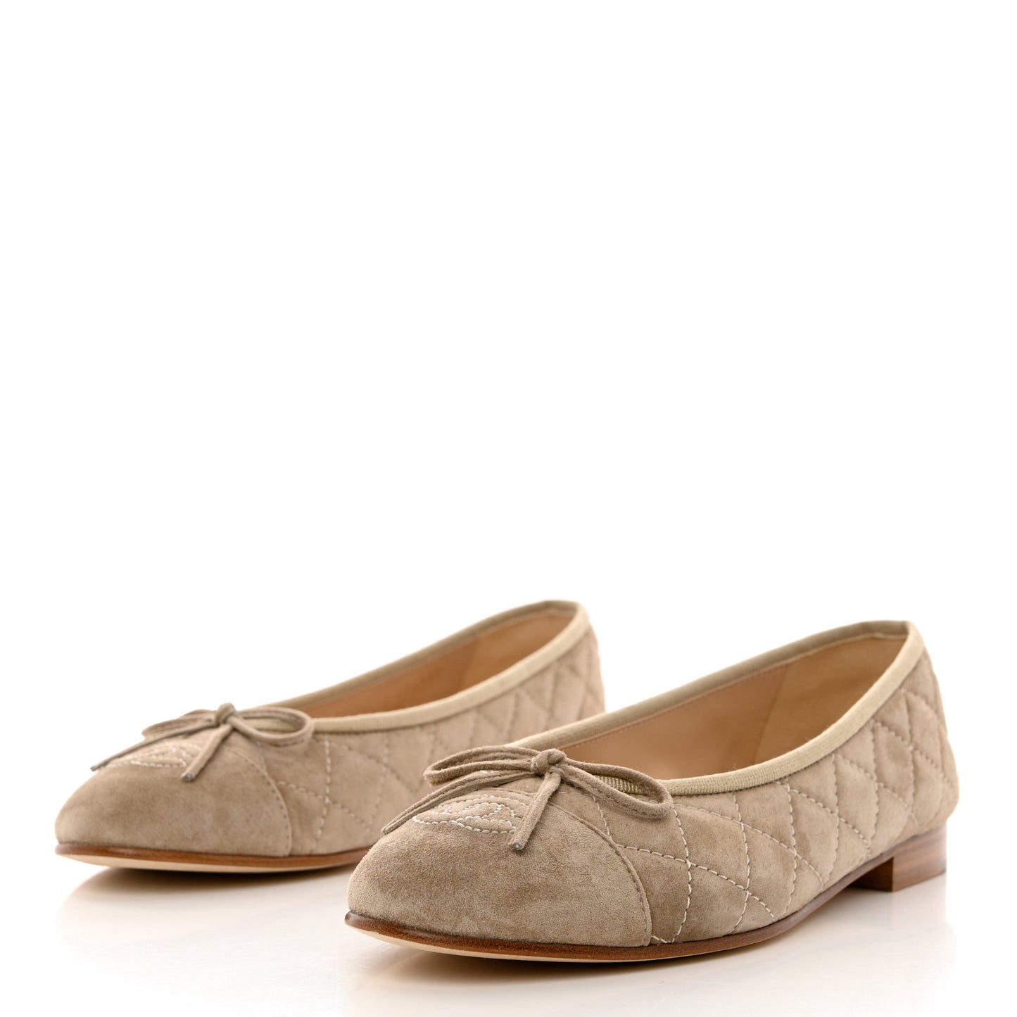 Suede Calfskin Quilted Cap Toe CC Ballerina Flats 37.5 Dark Beige