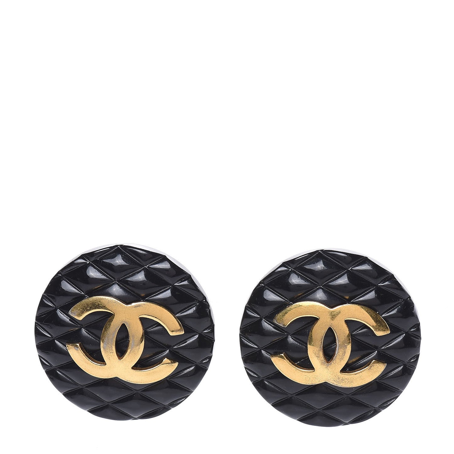 Enamel Quilted CC Clip On Earrings Black Gold