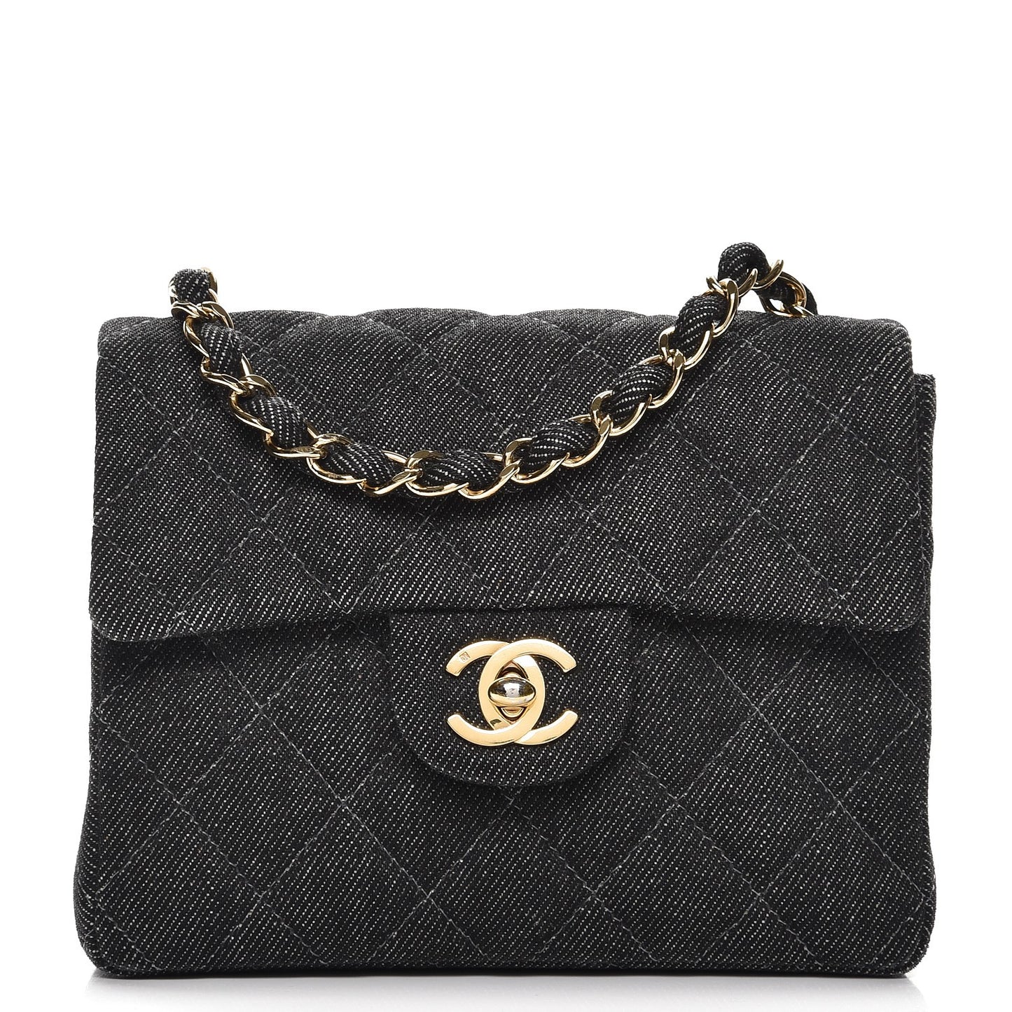 Denim Quilted Mini Square Flap Black