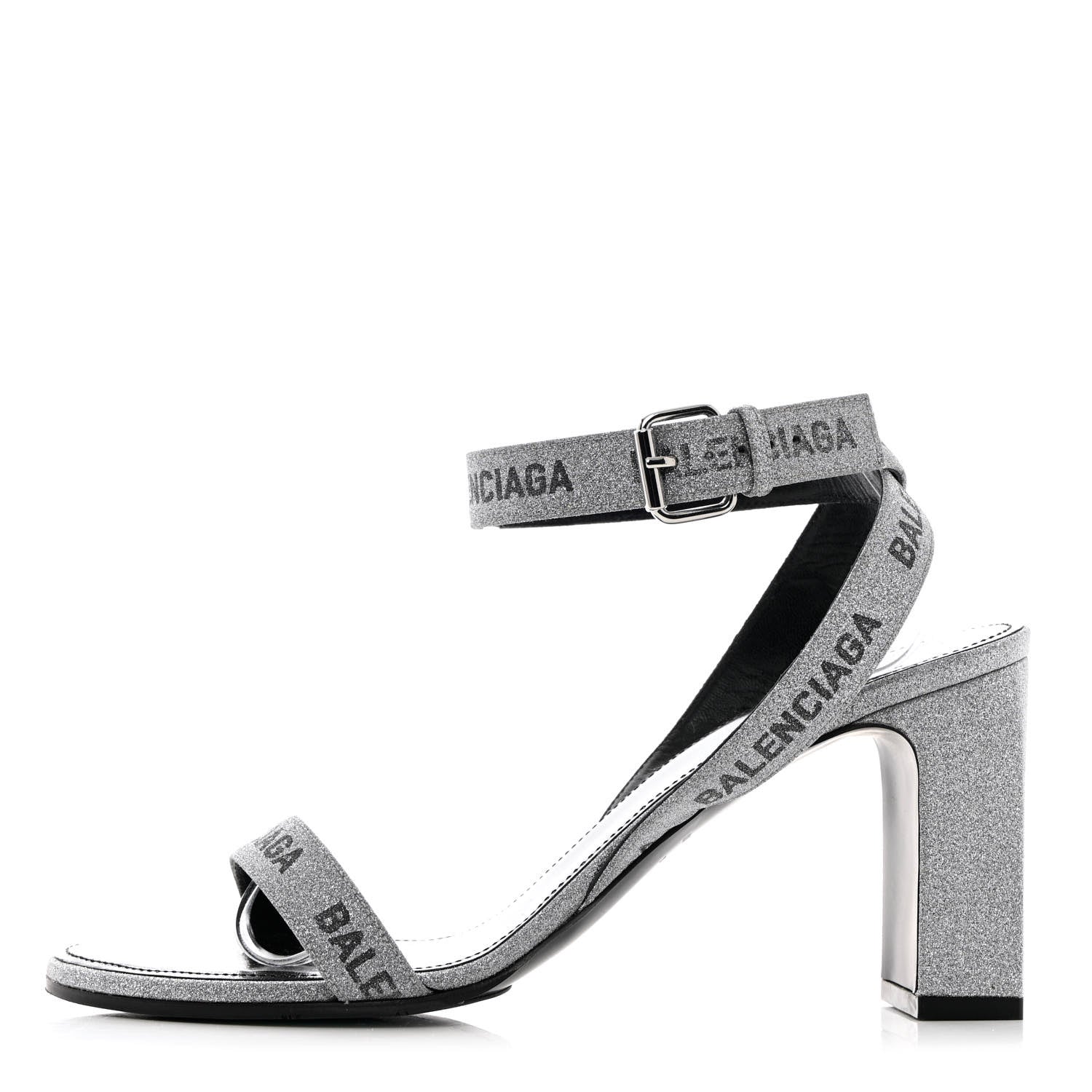 Balenciaga Glitter Allover Logo Ankle Strap Round Heel 80mm Sandals 39 Silver Black 1 of 14