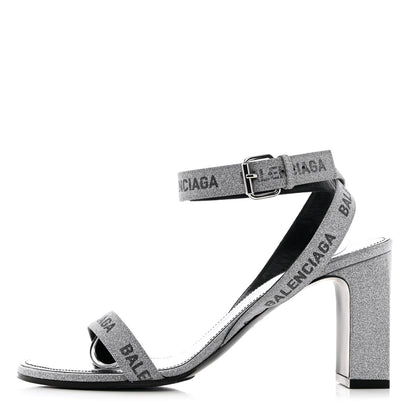 Balenciaga Glitter Allover Logo Ankle Strap Round Heel 80mm Sandals 39 Silver Black 1 of 14