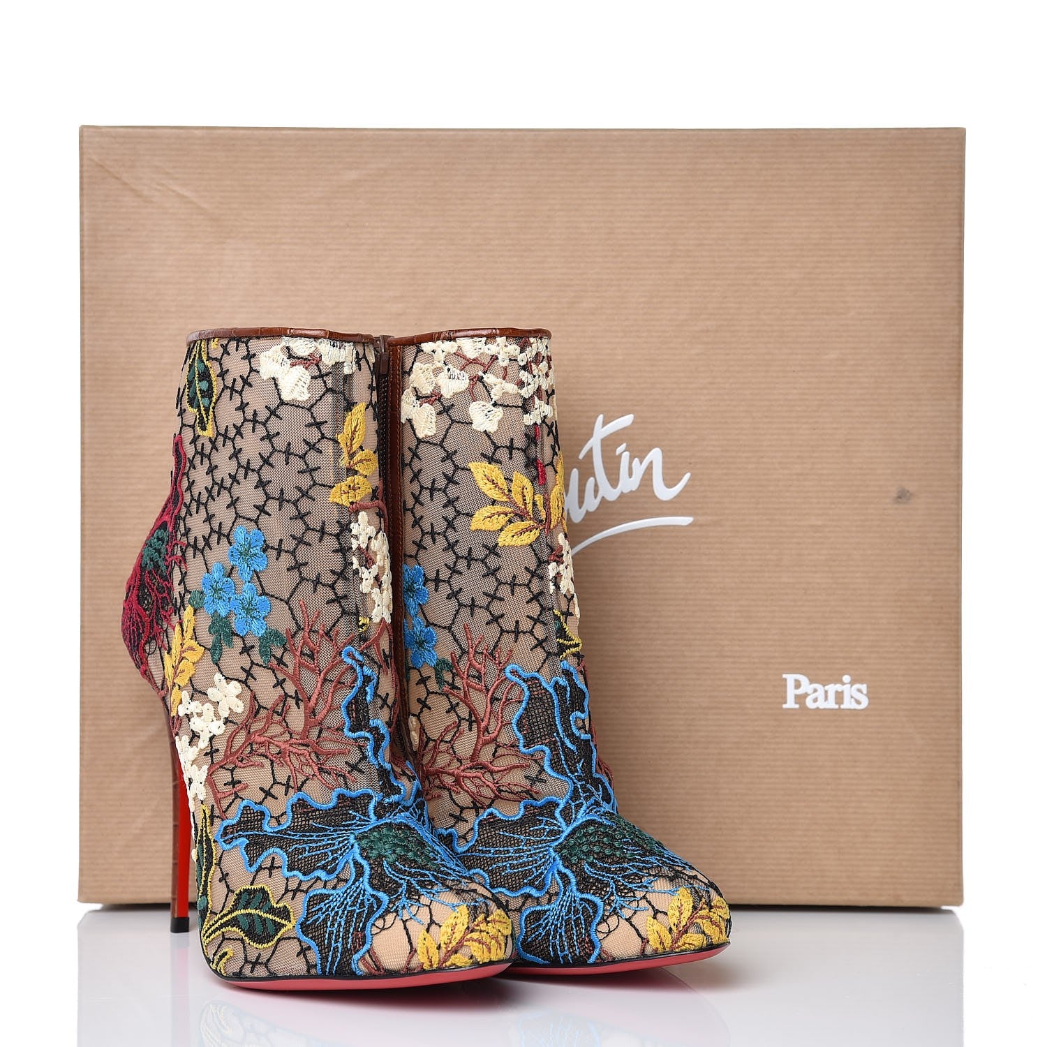 Christian Louboutin Mesh Guipure Wax Lace Calfskin Embossed Miss Tennis 100 Ankle Boots 39.5 Multicolor 9 of 9