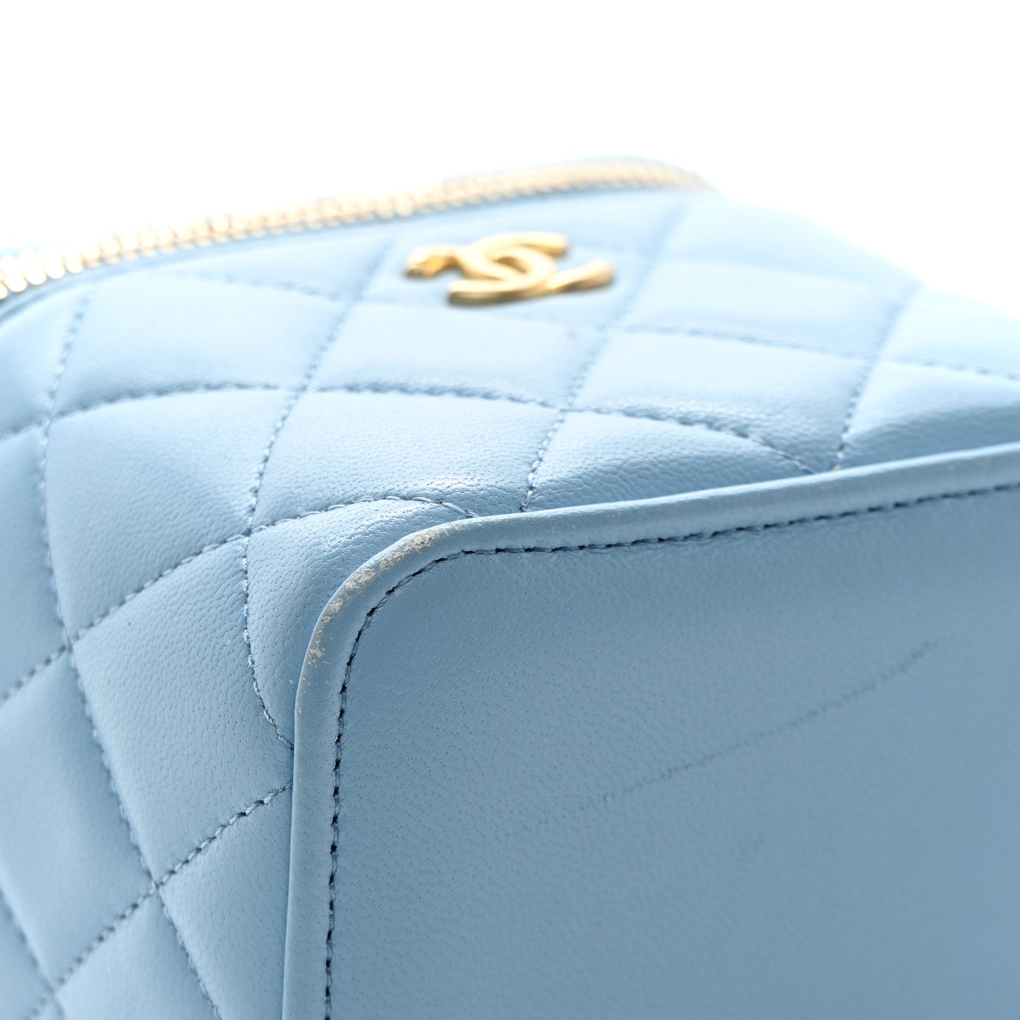 Lambskin Quilted Pearl Crush Mini Vanity Case With Chain Light Blue