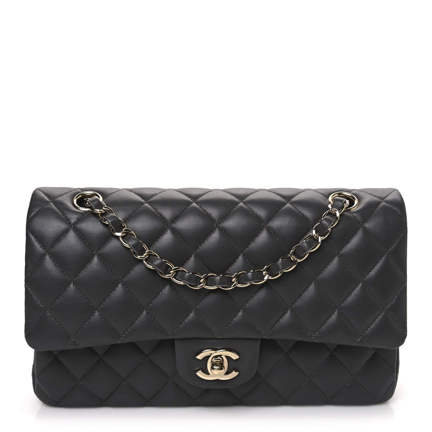Lambskin Quilted Medium Double Flap Dark Grey