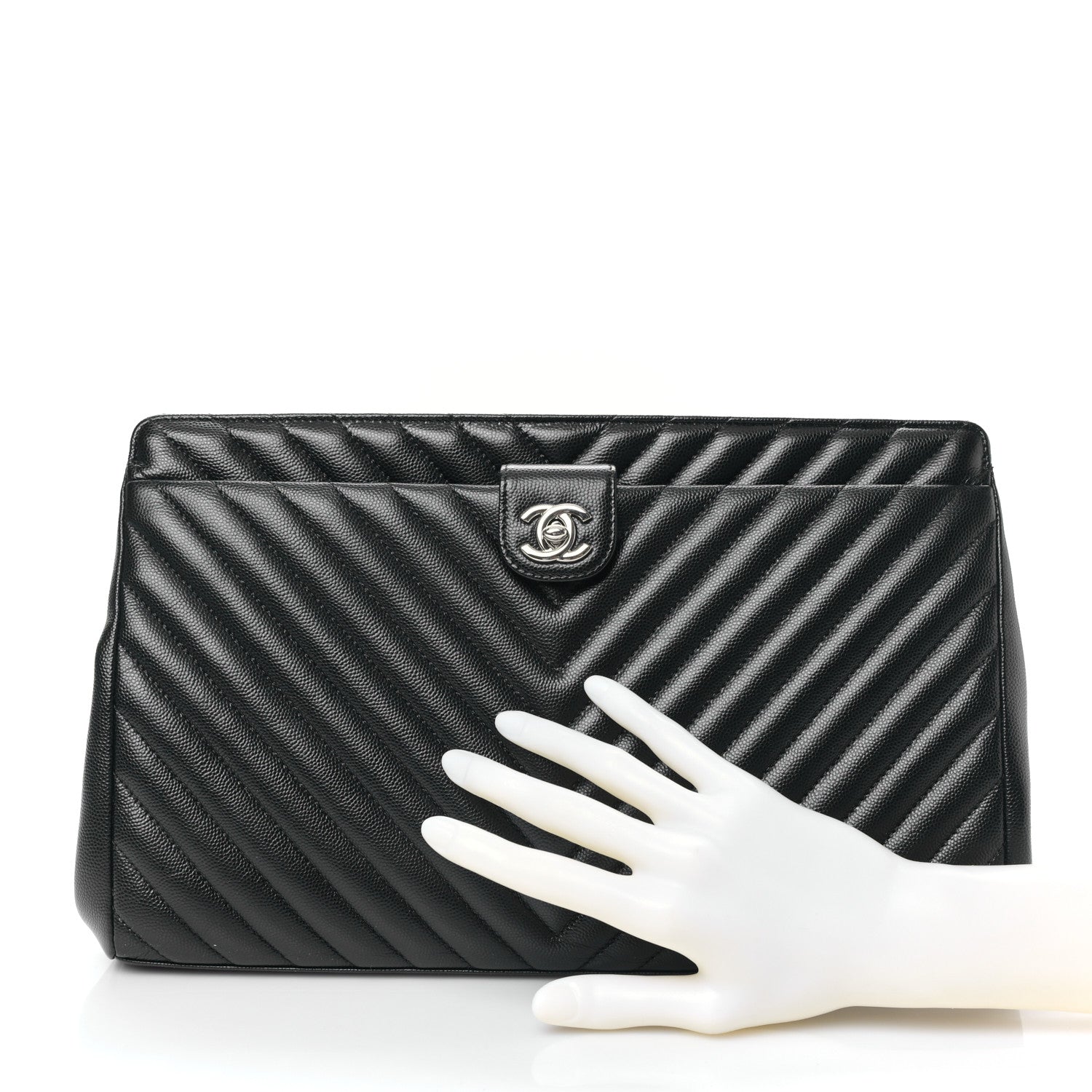 Chanel Caviar Chevron Quilted Framed Clutch Black 2 of 9